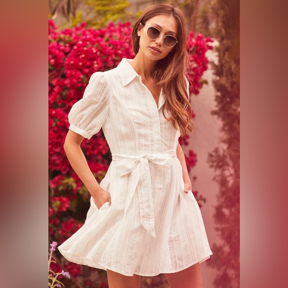 Nova Vintage Mini Dress Puff Sleeve Hidden Button Kenzie Tie Waist White Small